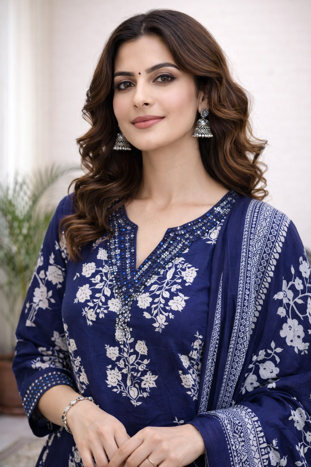 Deep Indigo Floral Printed Kurta Set with Dupatta