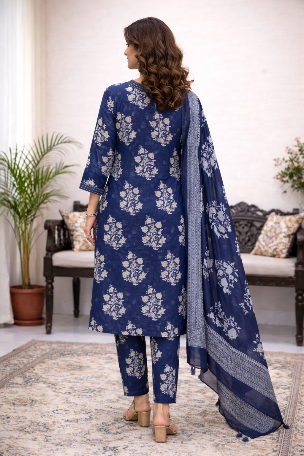 Deep Indigo Floral Printed Kurta Set with Dupatta