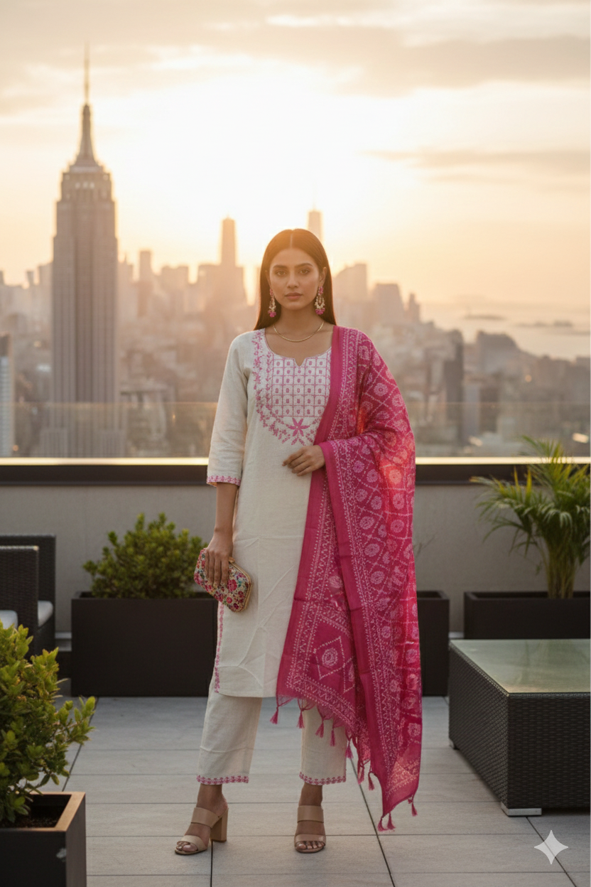 Ivory Pink Embroidered Kurta Set with Bandhani Dupatta