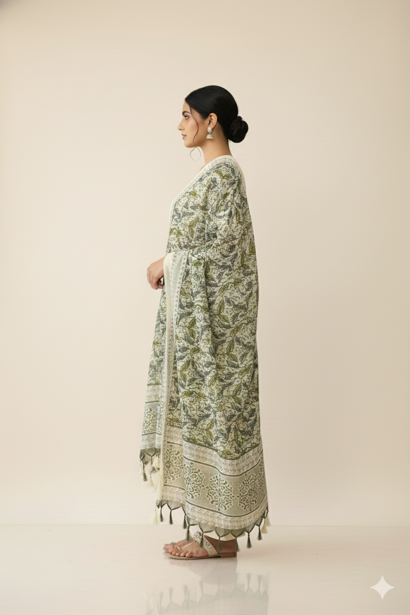 Ivory Green Floral Embroidered Kurta Set with Printed Dupatta