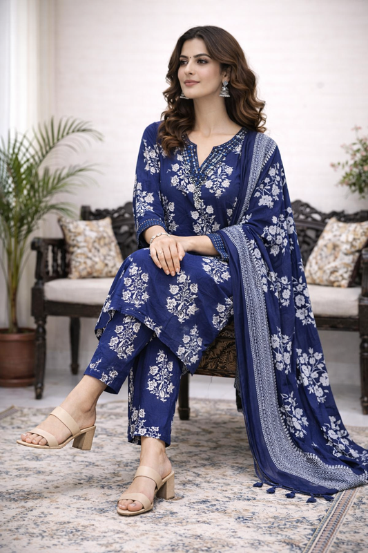 Deep Indigo Floral Printed Kurta Set with Dupatta
