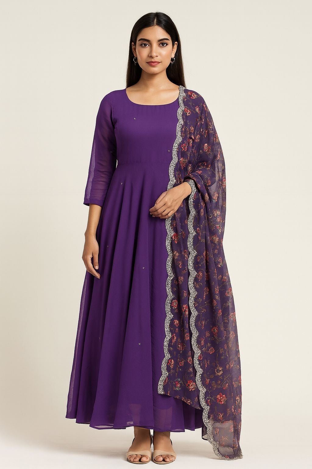 Royal Plum Anarkali Kurta Set with Printed Dupatta