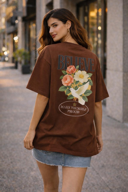 “Believe” Back Print Oversized Brown T-Shirt