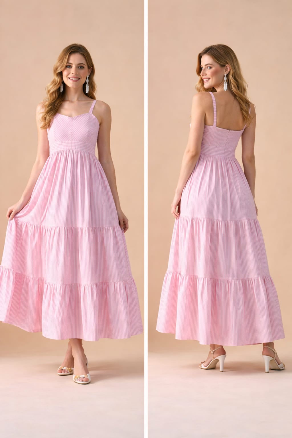 Blush Pink Striped Tiered Maxi Dress with Spaghetti Straps