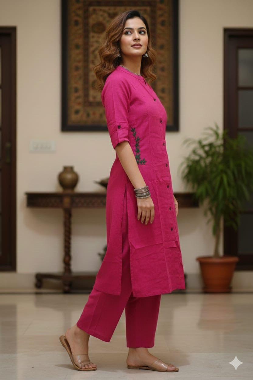 Elegant Rani Pink Cotton A-Line Kurta Set with Mandarin Collar