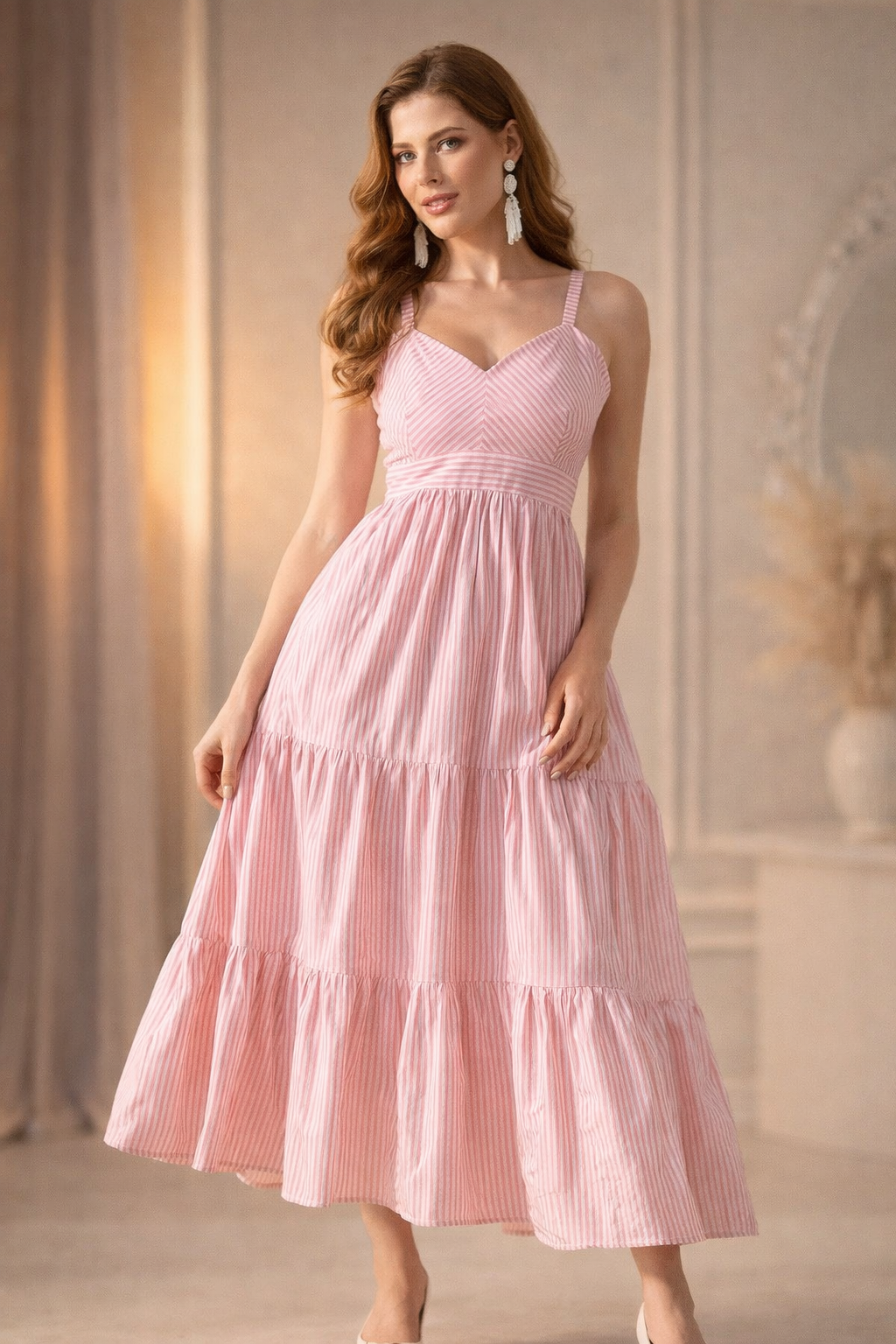 Blush Pink Striped Tiered Maxi Dress with Spaghetti Straps