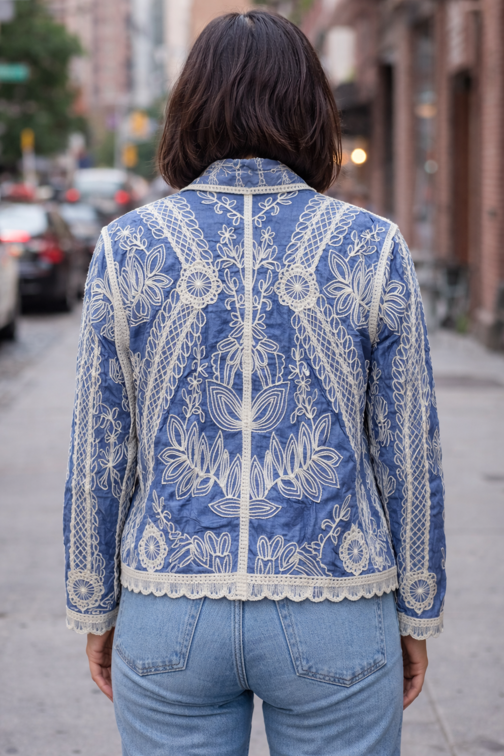 Indigo Blue Floral Embroidered Cotton Jacket Top