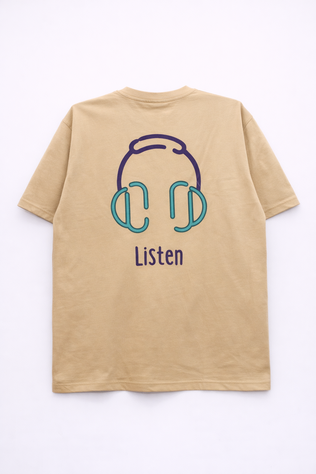 Listen Headphone Minimal Graphic T-Shirt – Back Print (Beige/Tan)