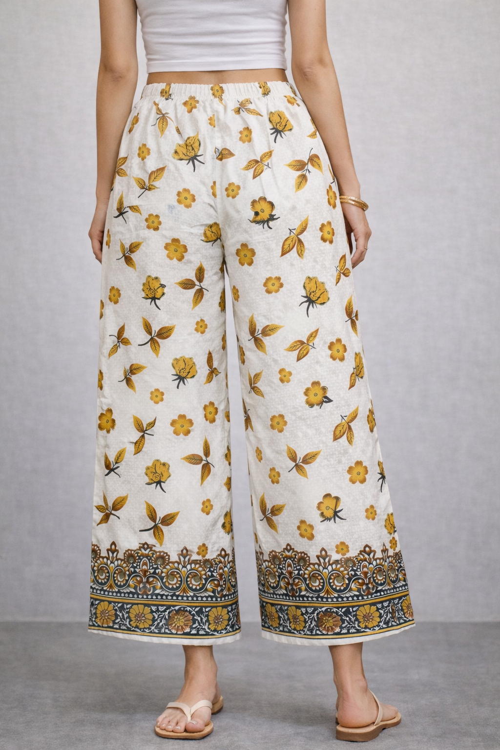 Women’s Yellow Floral Printed Straight-Fit Casual Trousers