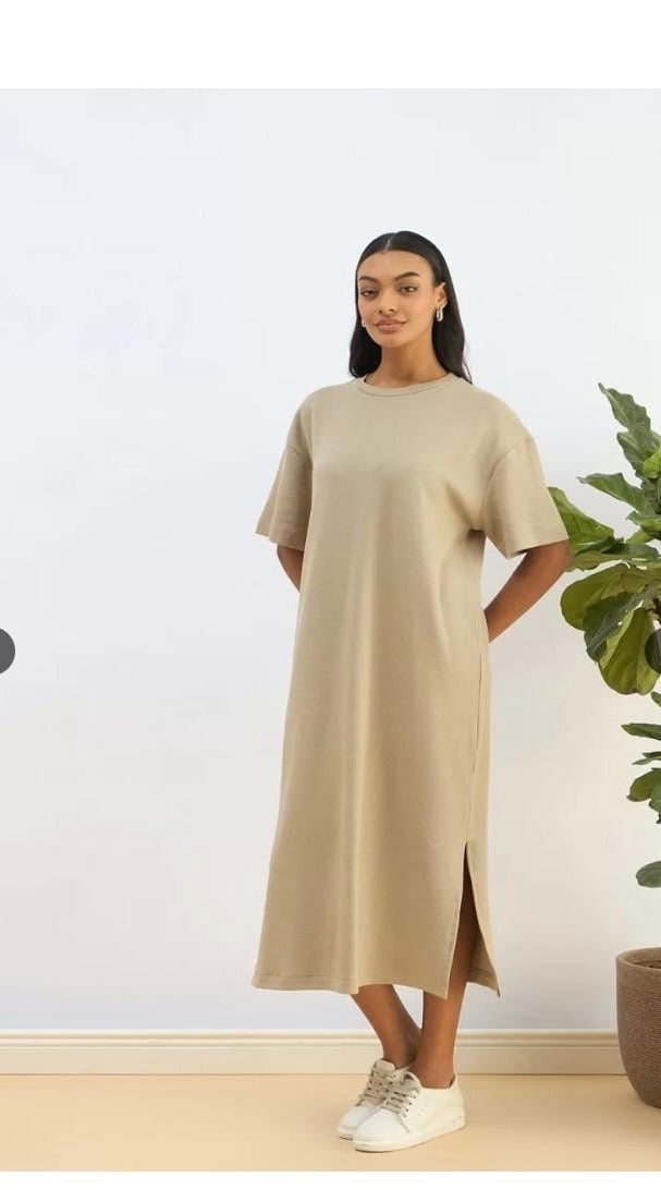 Beige Oversized Midi T-Shirt Dress