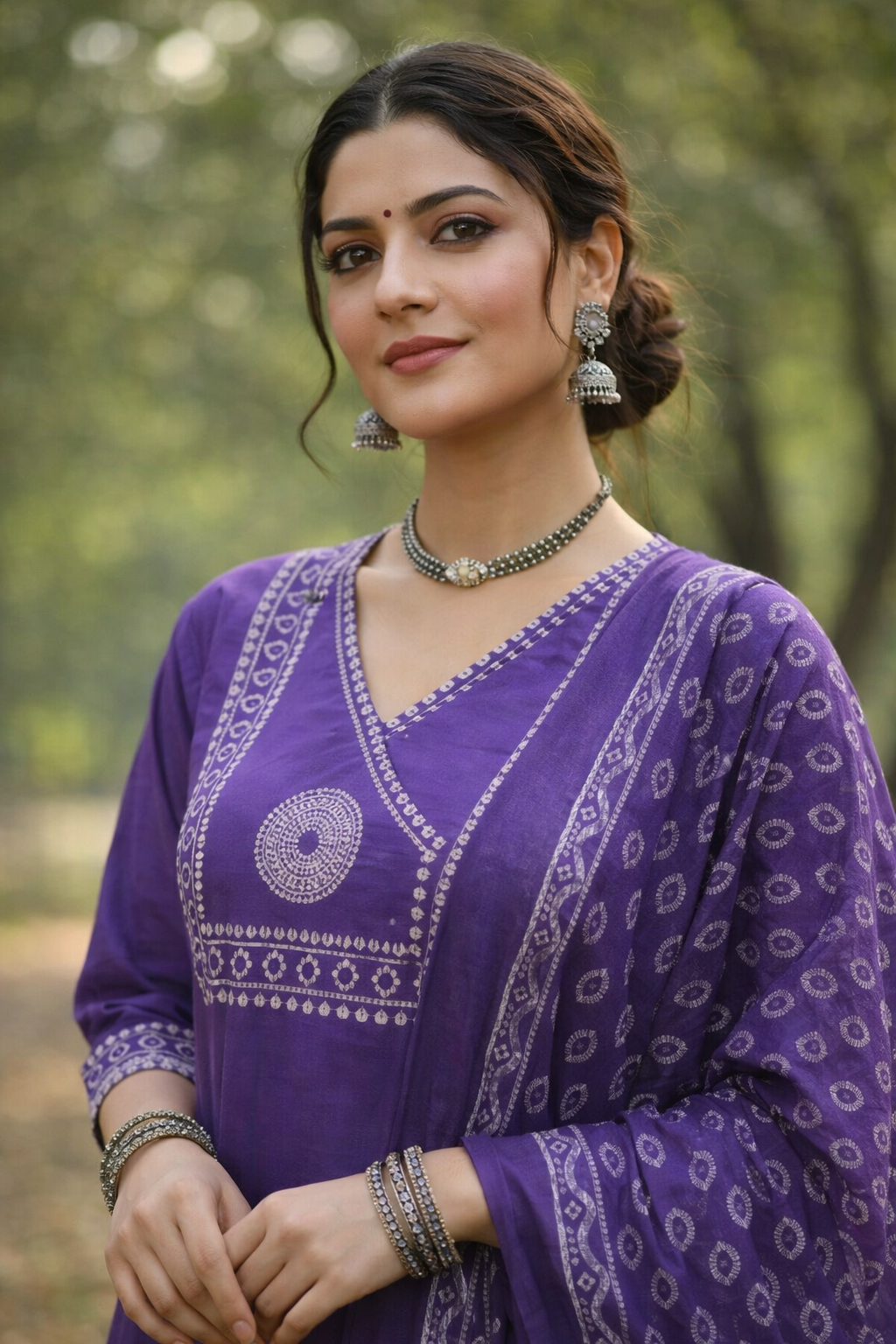 Royal Purple Printed Kurta Set with Ethnic Dupatta