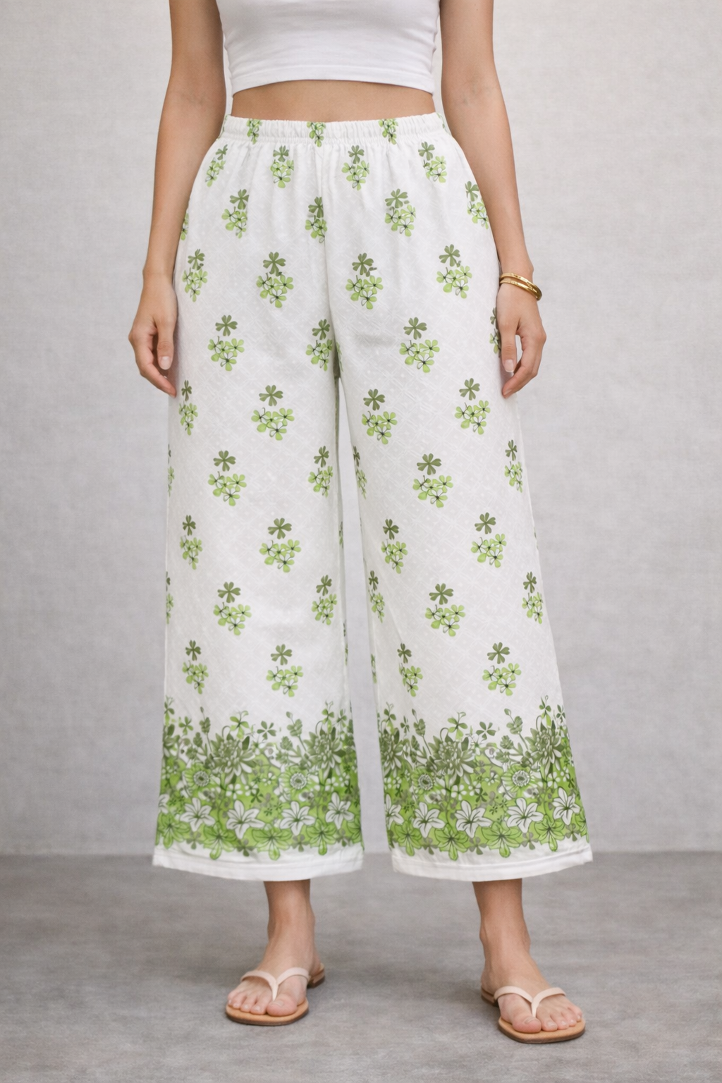 Women’s Green Floral Printed Straight-Fit Casual Trousers