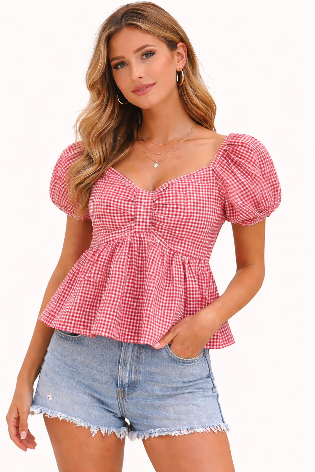Women Red Gingham Peplum Top