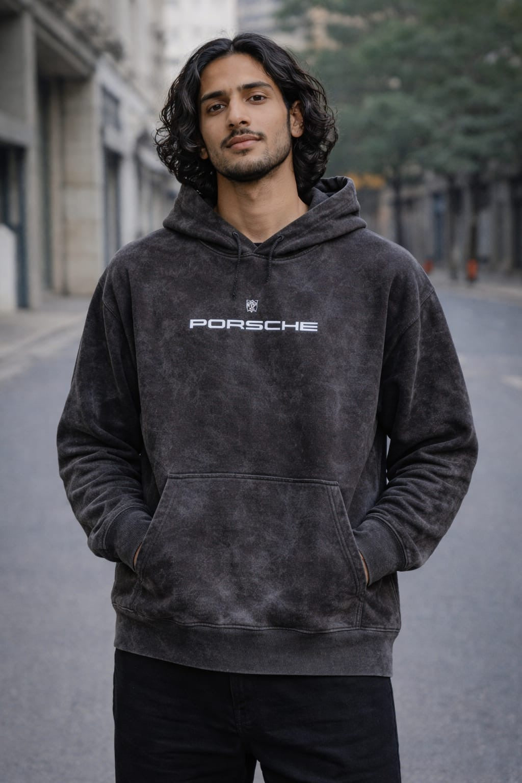 Men’s Charcoal Black Acid Wash Oversized Hoodie – Porsche Graphic Print