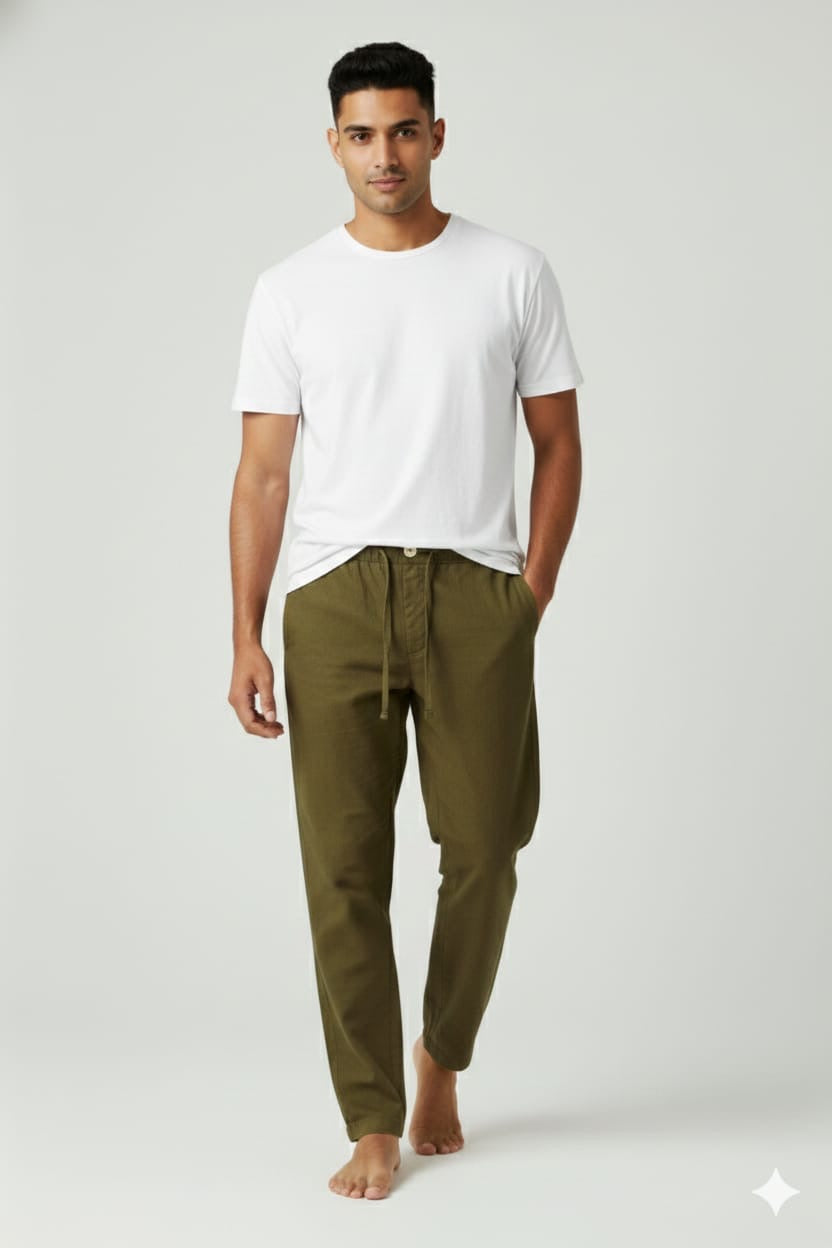 Men’s Olive Green Linen Blend Elastic Waist Pants