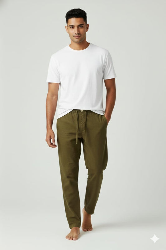 Men’s Olive Green Linen Blend Elastic Waist Pants