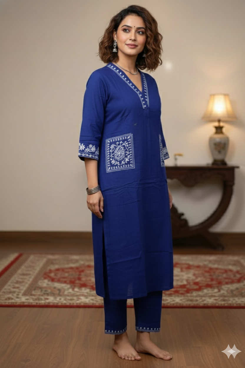 Elegant Royal Blue Cotton Kurta Pant Set for Women