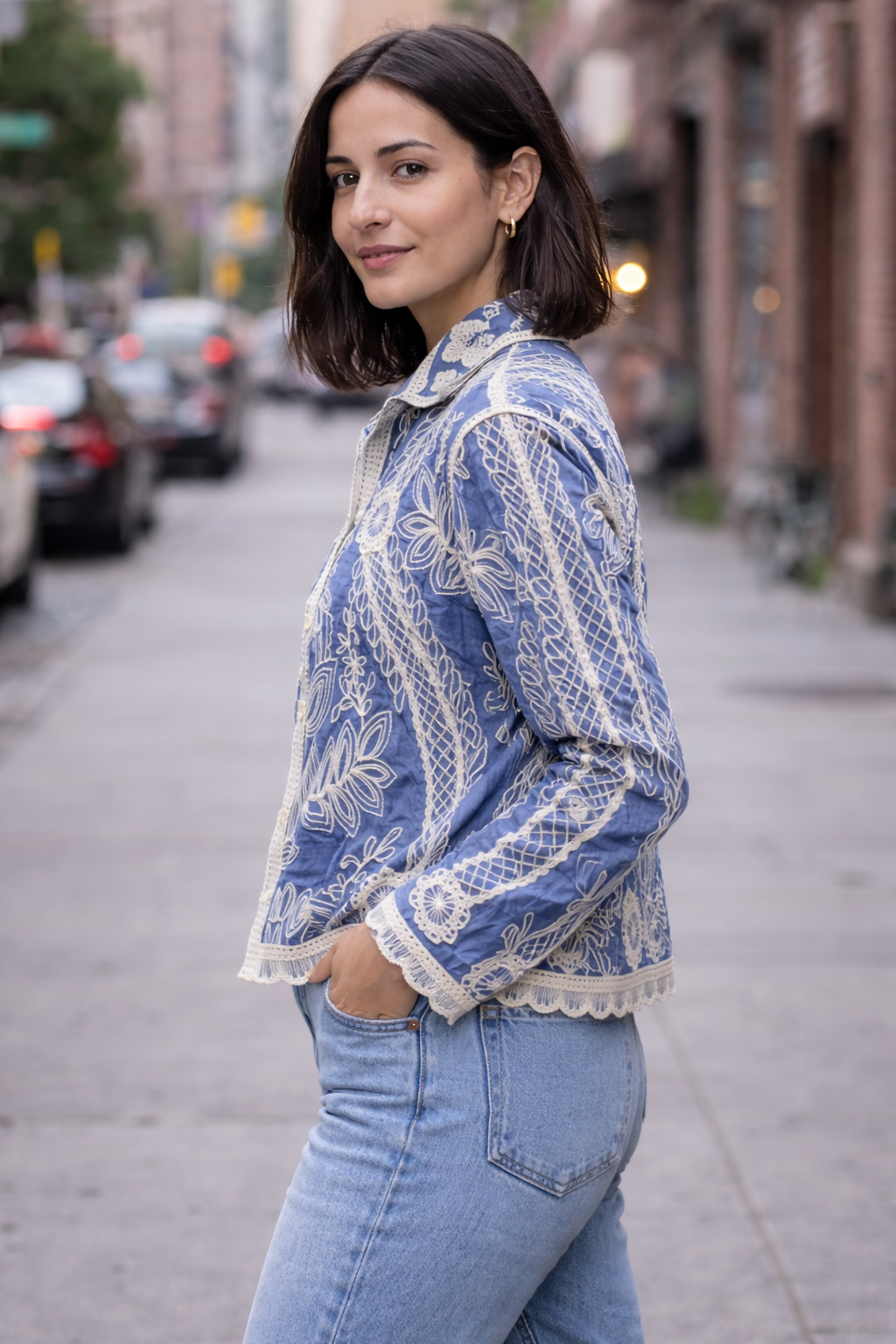Indigo Blue Floral Embroidered Cotton Jacket Top