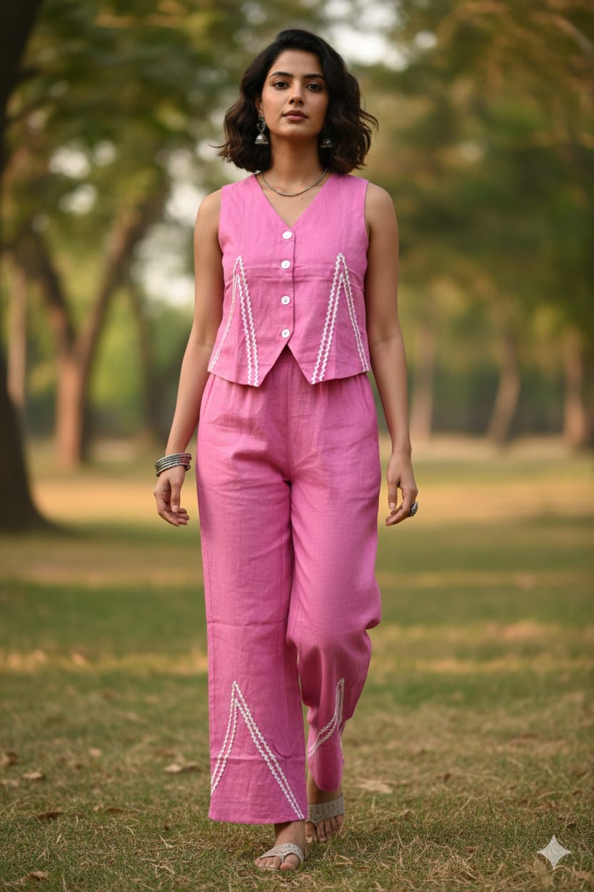 Rose Pink Sleeveless Embroidered Co-ord Set