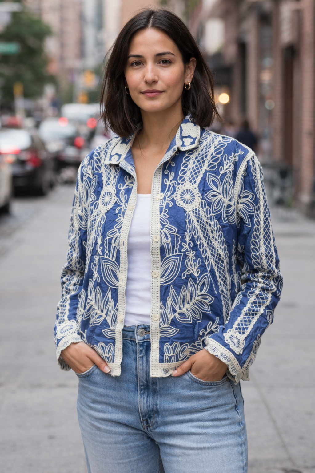 Indigo Blue Floral Embroidered Cotton Jacket Top