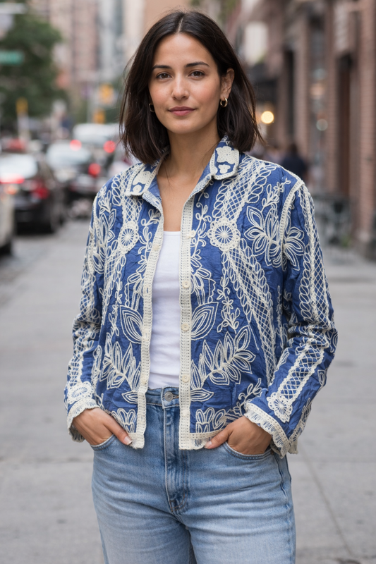 Indigo Blue Floral Embroidered Cotton Jacket Top