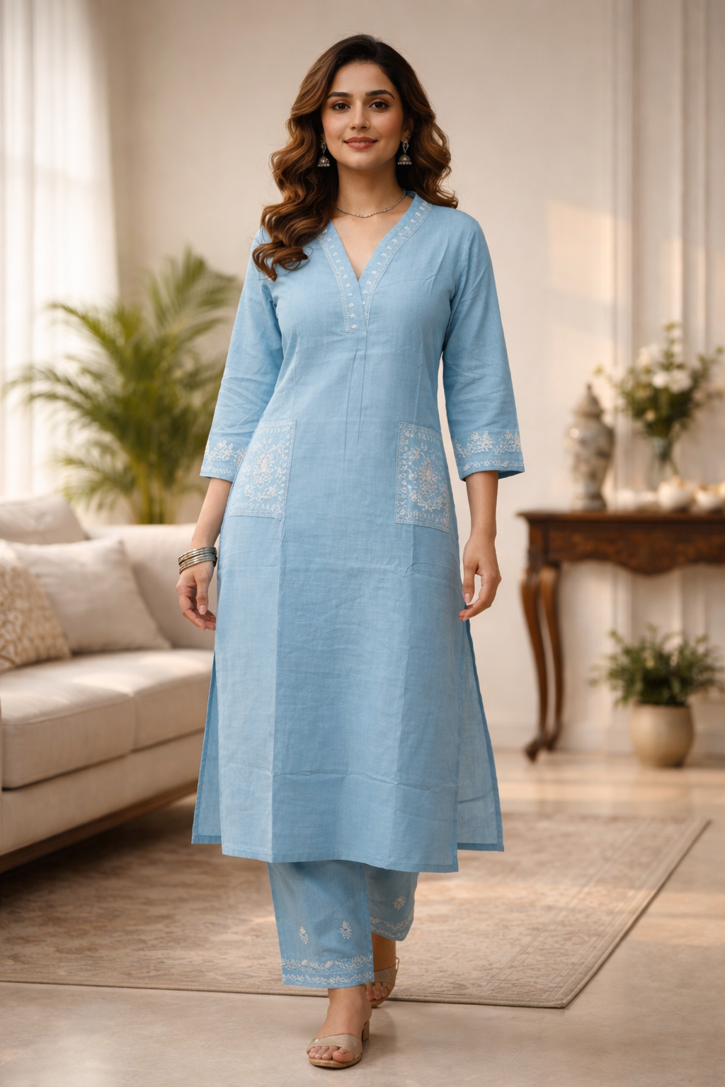 Sky Blue Floral Cotton Kurta Pant Set for Women