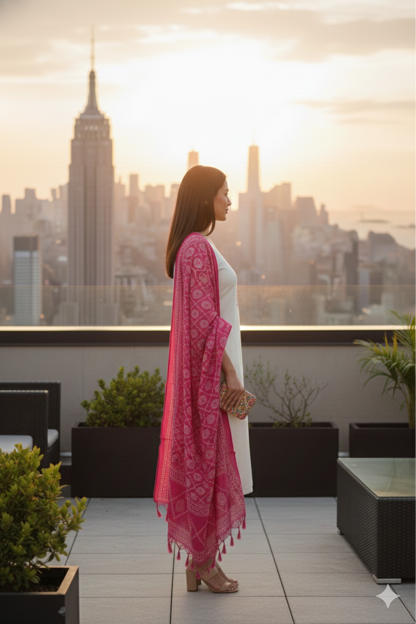 Ivory Pink Embroidered Kurta Set with Bandhani Dupatta