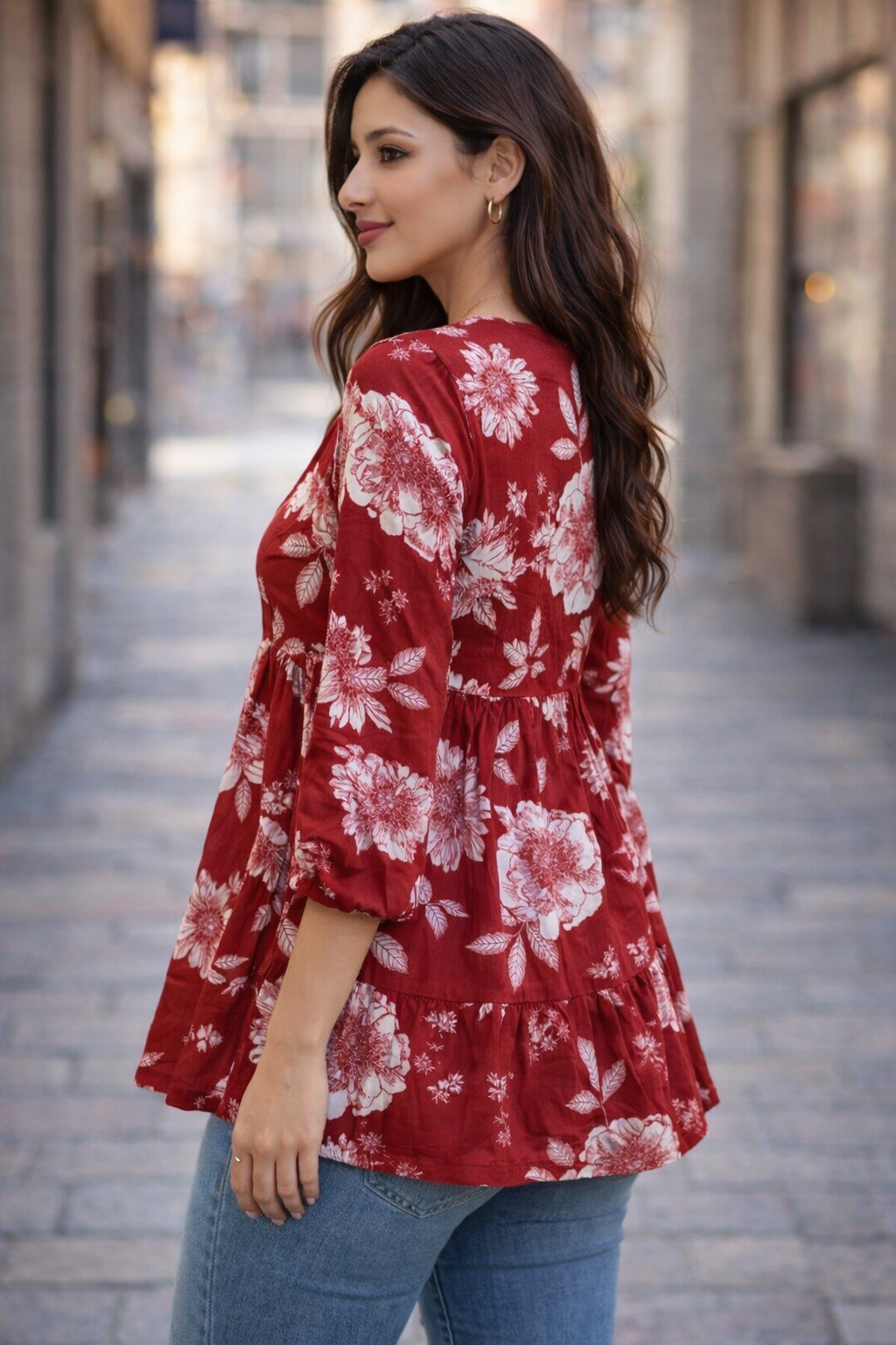 Women’s Floral Printed Cotton Tunic Top – V-Neck, 3/4 Sleeve (Wine Red)