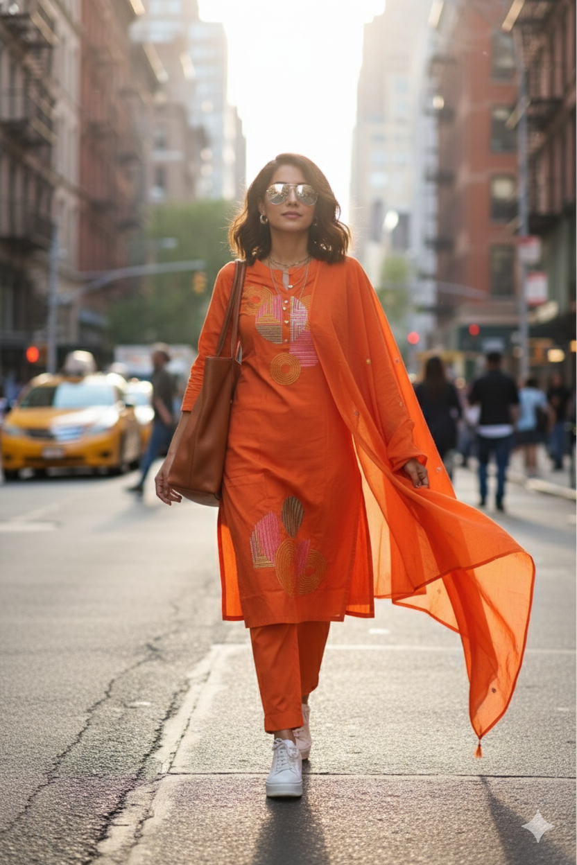 Sunset Orange Embroidered Kurta Set with Sheer Dupatta