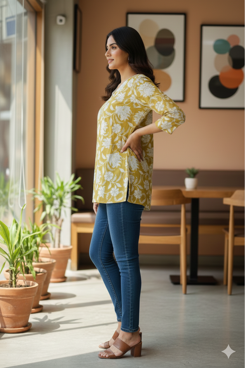 Women’s Floral Printed Cotton Tunic Top – V-Neck, 3/4 Sleeve (Mustard Yellow)
