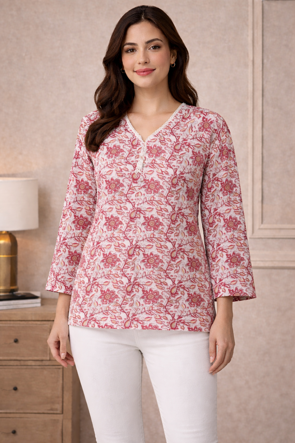 Blush Pink Floral Printed V-Neck Tunic Cotton Top