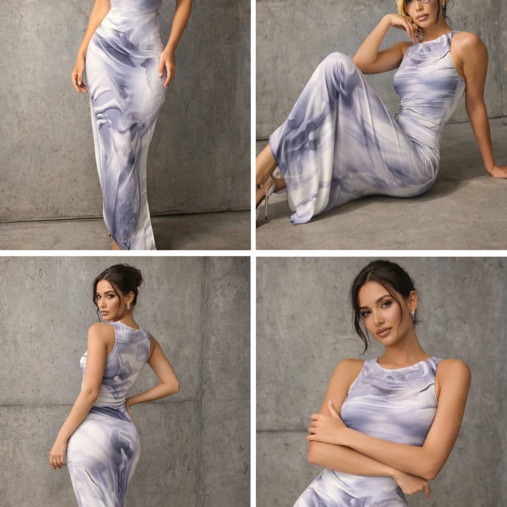 Silver Smoke Marble Bodycon Maxi Dress