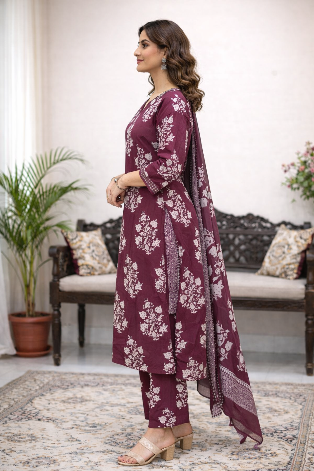 Dark Pink Wine Floral Printed Kurta Set with Dupatta