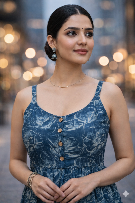 Indigo Bloom Printed Tiered Maxi Dress