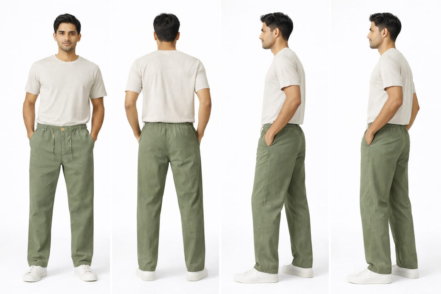 Men’s Linen Cotton Relaxed Fit Pants with Elastic Waist & Drawstring – Olive Green