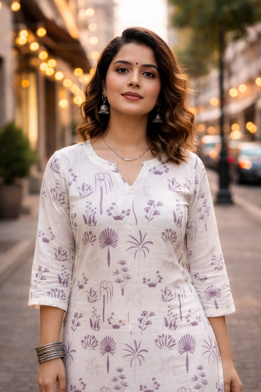 Ivory Lilac Botanical Print Straight Kurta Set