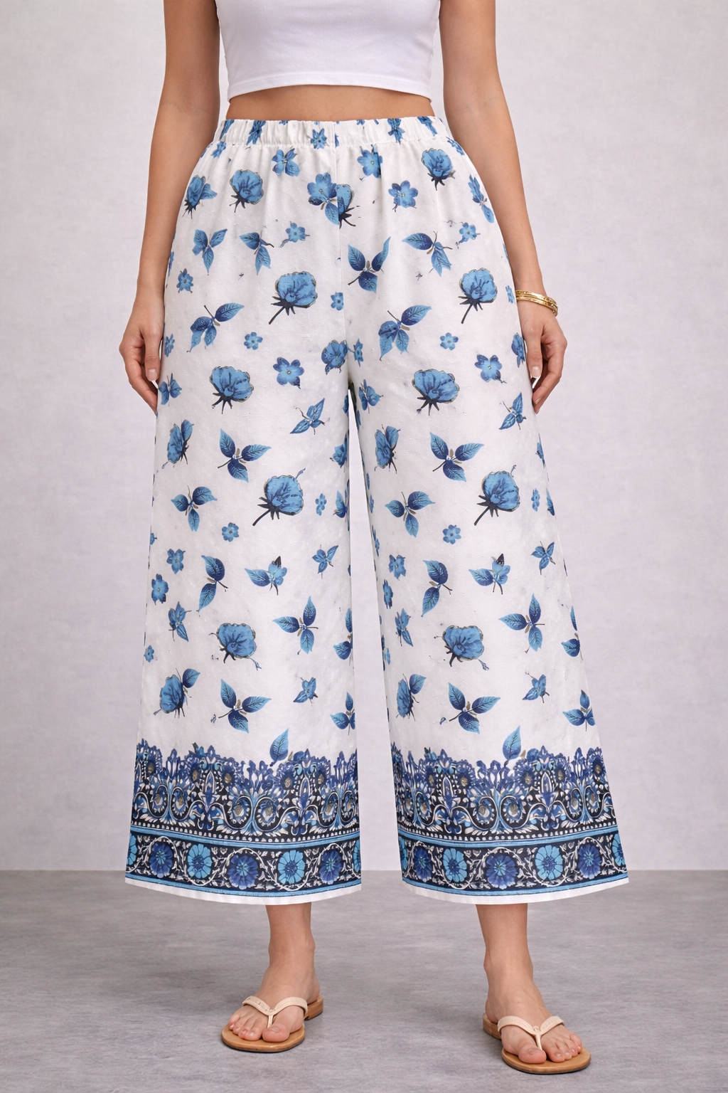 Women’s Blue Floral Printed Straight-Fit Casual Trousers