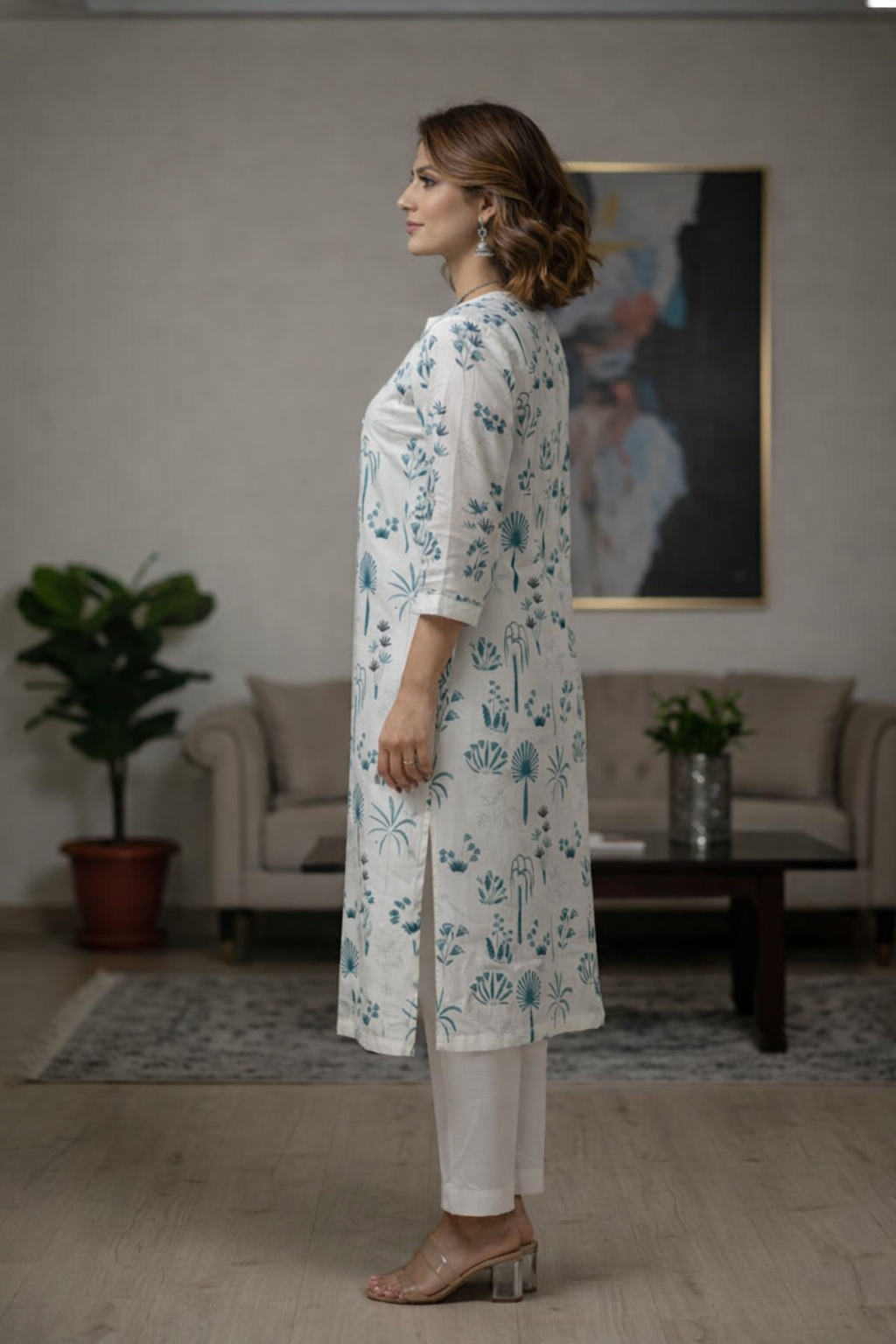 Ivory Teal Botanical Print Straight Kurta Set