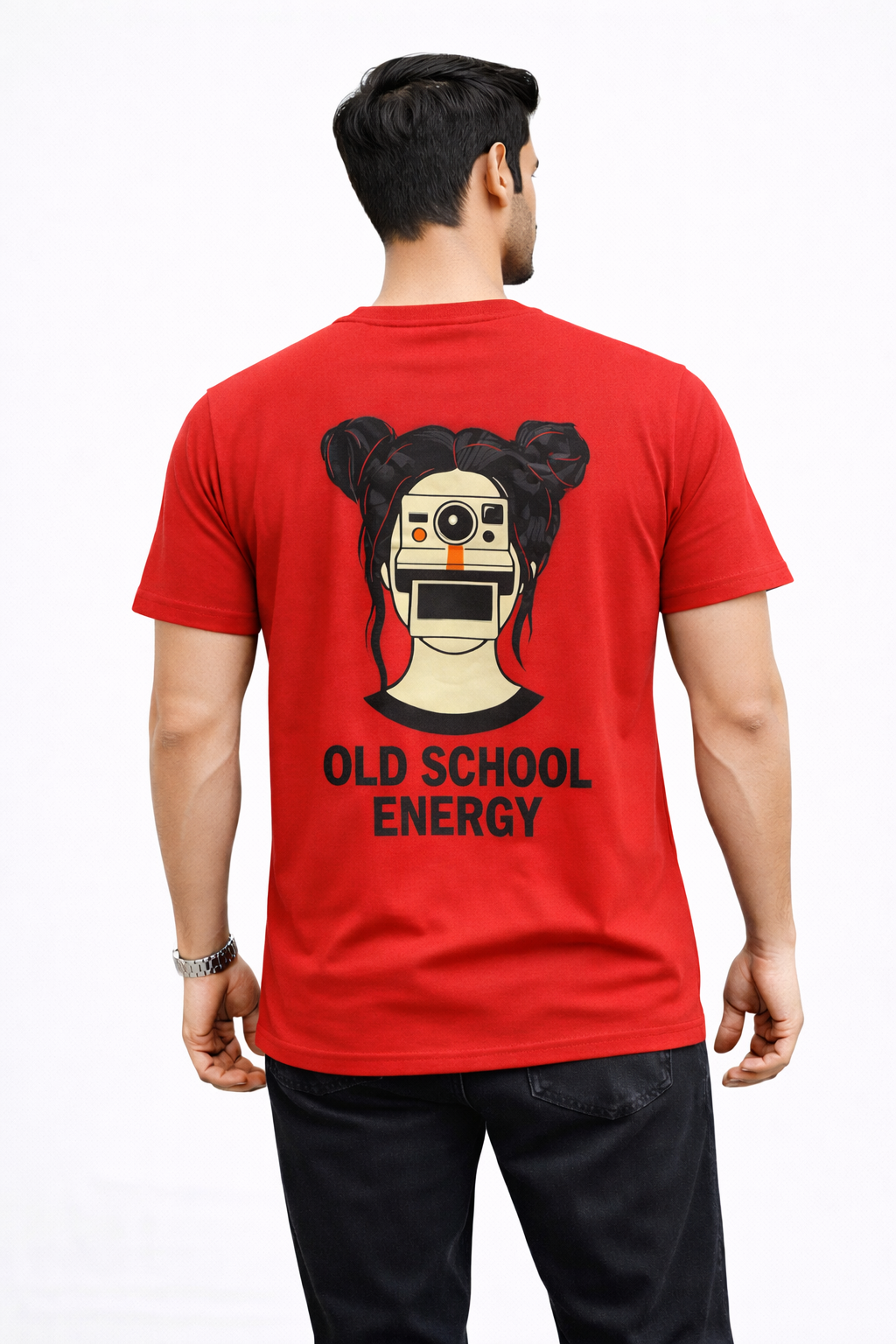 Old School Energy Graphic Printed Oversize T-Shirt – Retro Aesthetic (Red)