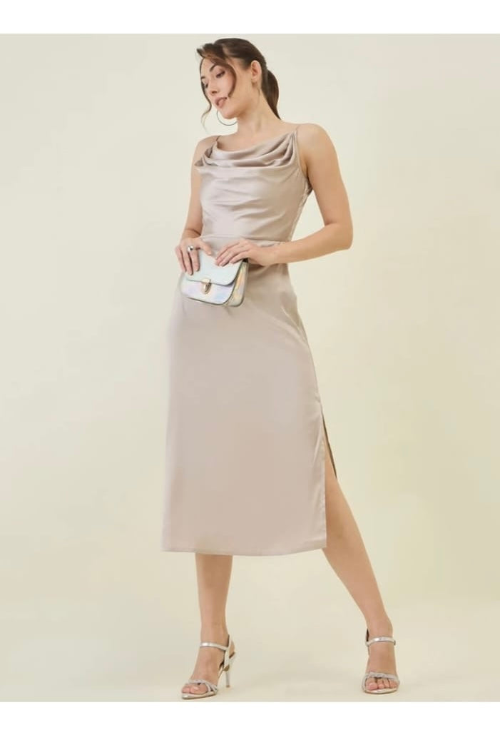 Elegant Beige Satin Slip Midi Dress with Side Slit