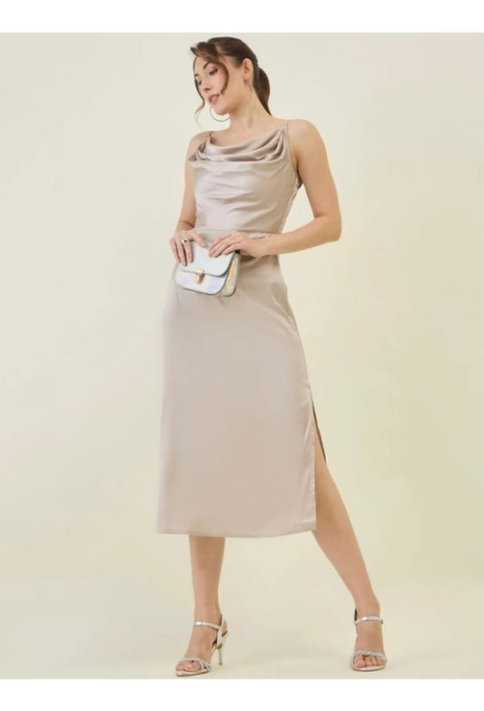 Elegant Beige Satin Slip Midi Dress with Side Slit