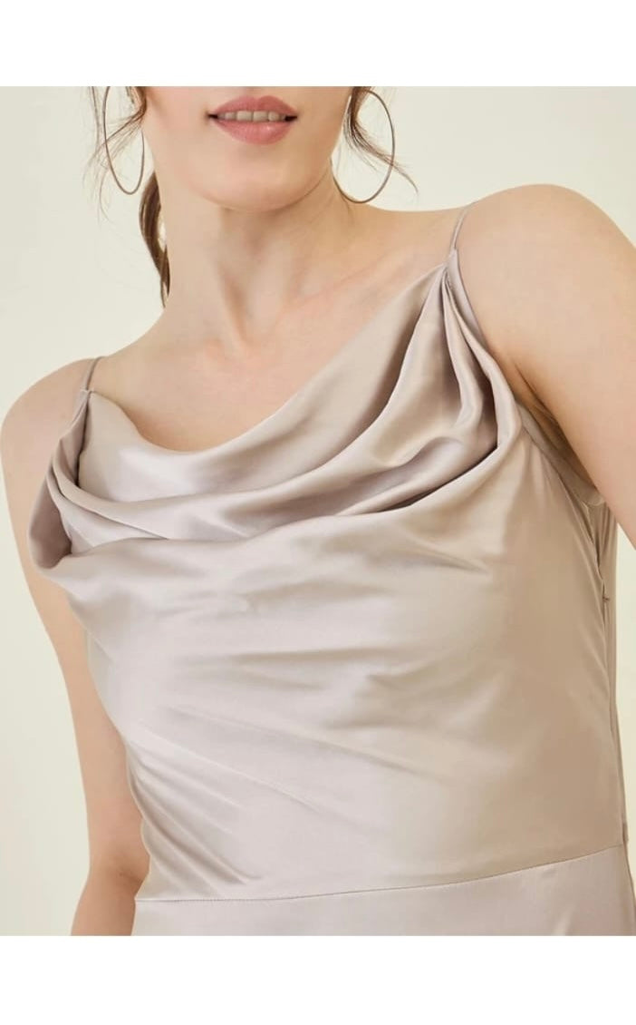 Elegant Beige Satin Slip Midi Dress with Side Slit