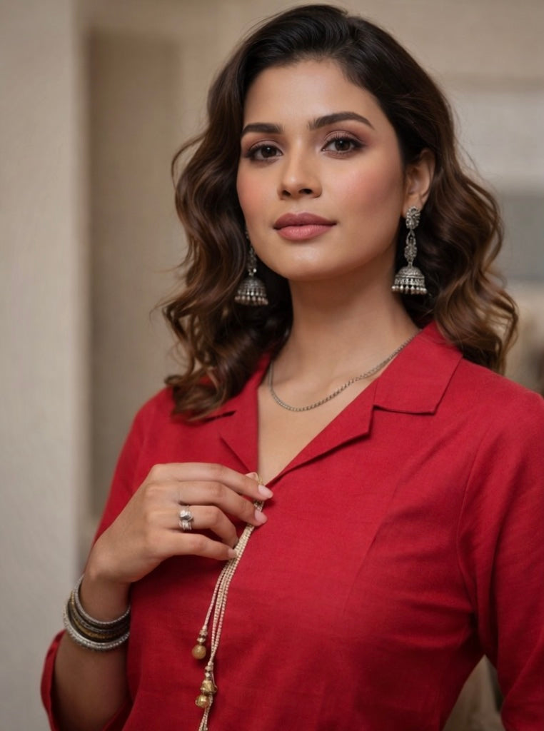 Crimson Red Solid Kurta Co-Ord Set with Floral Accent Pants