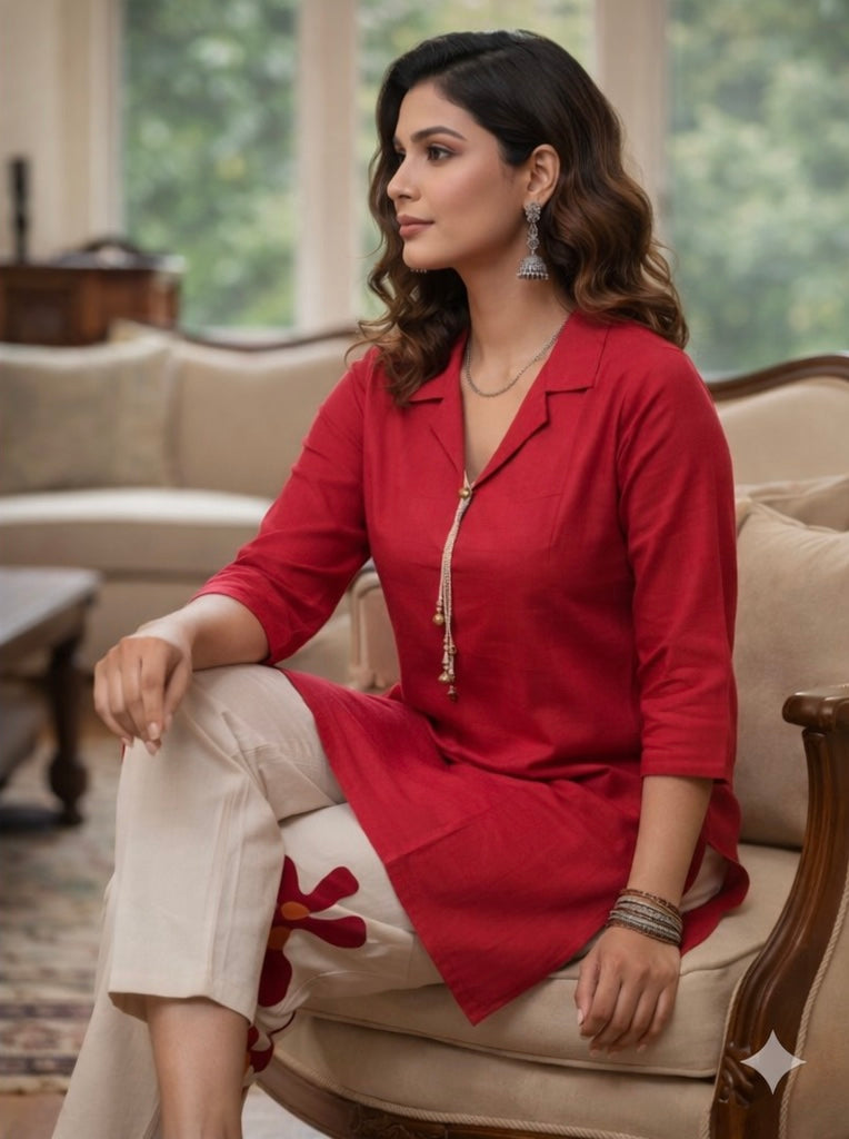 Crimson Red Solid Kurta Co-Ord Set with Floral Accent Pants