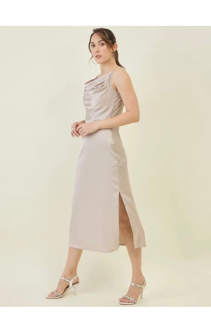 Elegant Beige Satin Slip Midi Dress with Side Slit
