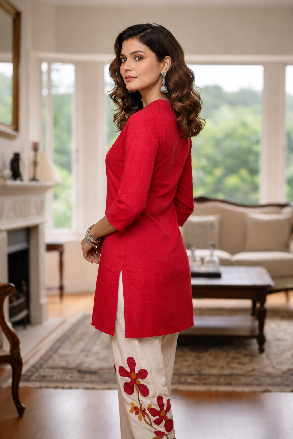 Crimson Red Solid Kurta Co-Ord Set with Floral Accent Pants