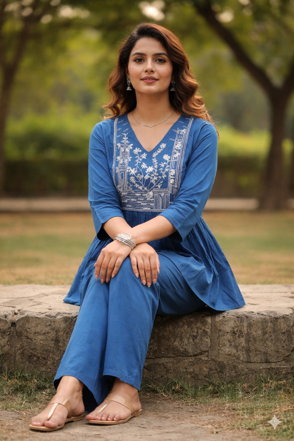 Indigo Bloom Embroidered Cotton Co-ord Set