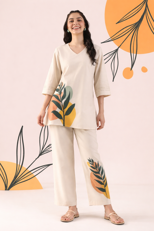 Ivory Botanical Print Co-Ord Set with V-Neck Top & Straight Pants