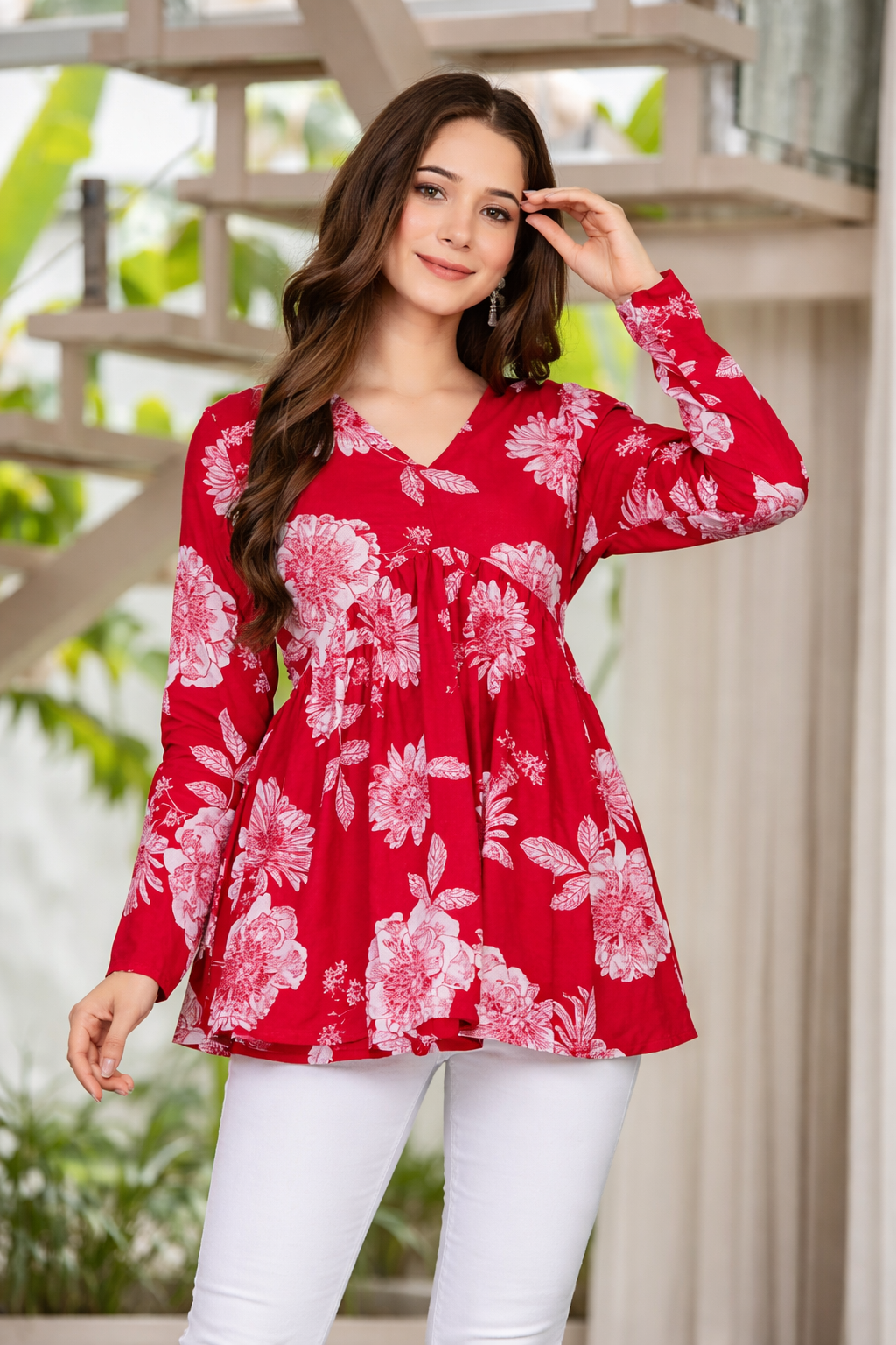 Red Floral Print Flared Tunic Top with V-Neck