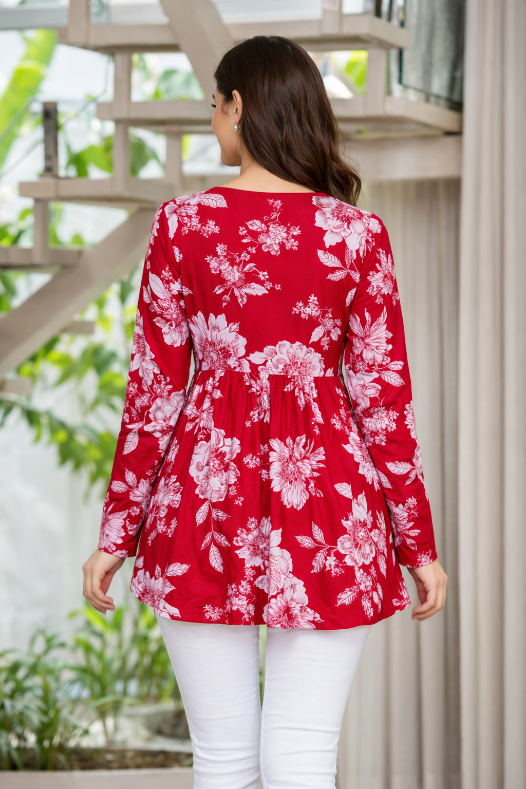 Red Floral Print Flared Tunic Top with V-Neck